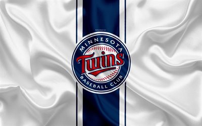 Minnesota Twins, 4k, logo, silk texture, american baseball club, blue white flag, emblem, MLB, Minnesota, USA, Major League Baseball
