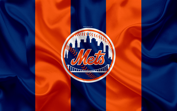 New York Mets, 4k, logo, textura de seda, americana de beisebol clube, azul bandeira cor de laranja, emblema, MLB, Nova York, EUA, Major League Baseball