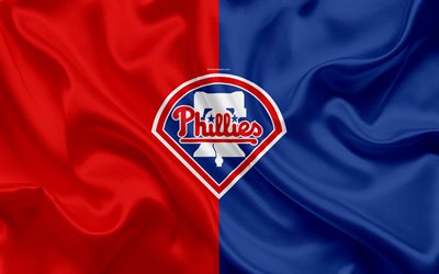 Philadelphia Phillies, 4k, logo, textura de seda, Americana de beisebol clube, azul bandeira vermelha, emblema, MLB, Filad&#233;lfia, Pensilv&#226;nia, EUA, Major League Baseball