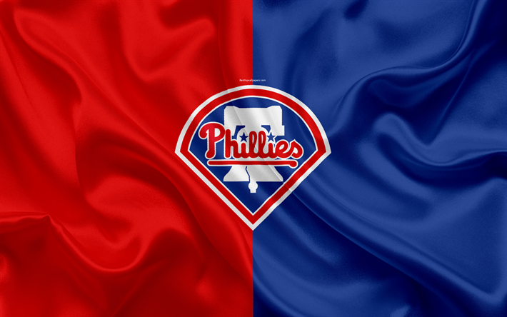 Los Phillies de filadelfia, 4k, el logotipo de seda de la textura, el American club de b&#233;isbol azul rojo de la bandera, el escudo, la MLB, Filadelfia, Pensilvania, estados UNIDOS, la Major League Baseball