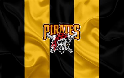 Pittsburgh Pirates, 4k, logo, textura de seda, Americana de beisebol clube, yellow black flag, emblema, MLB, Pittsburgh, Pensilv&#226;nia, EUA, Major League Baseball