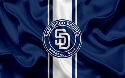 Padres de San Diego, 4k, le logo, la texture de la soie, american club de baseball, bleu, drapeau, embl&#232;me, MLB, San Diego, Californie, etats-unis, de la Ligue Majeure de Baseball