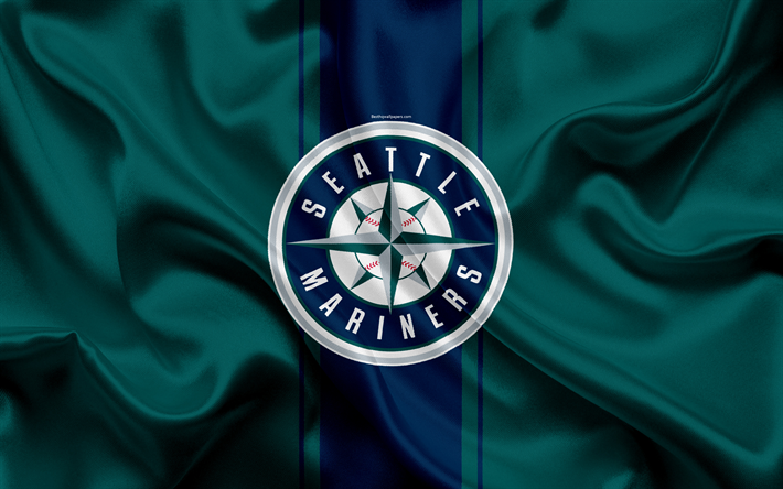 Seattle Mariners, 4k, logo, silkki tekstuuri, amerikkalainen baseball club, vihre&#228; sininen lippu, tunnus, MLB, Seattle, Washington, USA, Major League Baseball