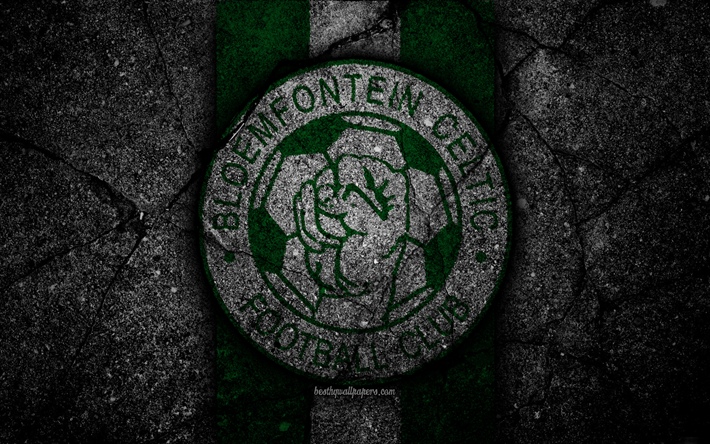Bloemfontein Celtic FC, 4k, emblema, South African Premier League soccer, logotipo, South Africa, shoegazing, Bloemfontein Celtic, black stone, asfalto, las texturas, el f&#250;tbol, el FC Bloemfontein Celtic