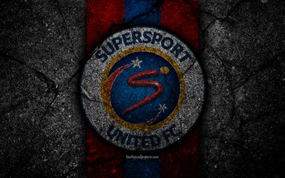 Supersport United FC, 4k, emblem, South African Premier League, soccer, logo, South Africa, grunge, Supersport United, black stone, asphalt texture, football, FC Supersport United