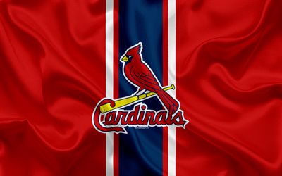 St Louis Cardinals, 4k, logo, silkki tekstuuri, Amerikkalainen baseball club, punainen sininen lippu, tunnus, MLB, St Louis, Missouri, USA, Major League Baseball