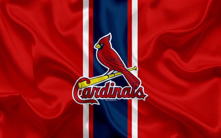St Louis Cardinals, 4k, logo, silk texture, American baseball club, red blue flag, emblem, MLB, St Louis, Missouri, USA, Major League Baseball