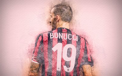 Leonardo Bonucci, 4k, artwork, Rossoneri, soccer, Serie A, Bonucci, AC Milan, footballers, drawing Bonucci, Milan FC