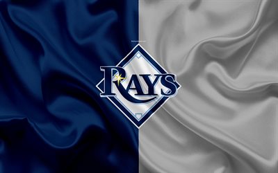 Tampa Bay Rays, 4k, logo, silk texture, American baseball club, gray blue flag, emblem, MLB, St Petersburg, Florida, USA, Major League Baseball