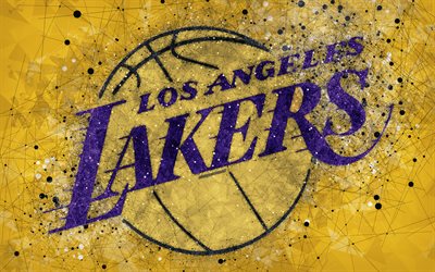 Los Angeles Lakers, 4K, kreativa geometriska logotyp, Amerikansk basket club, kreativ konst, NBA, emblem, gul abstrakt bakgrund, mosaik, National Basketball Association, Los Angeles, Kalifornien, USA, basket