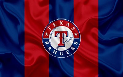 Texas Rangers, 4k, logo, textura de seda, americana de beisebol clube, vermelho bandeira azul, emblema, MLB, Texas, EUA, Major League Baseball