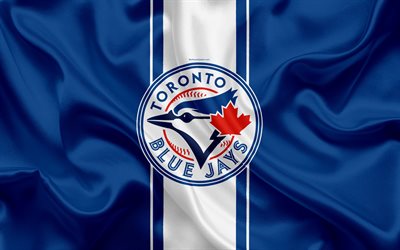 Toronto Blue Jays, 4k, logo, silk texture, Canadian baseball club, blue flag, emblem, MLB, Toronto, Canada, USA, Major League Baseball