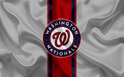 Washington Nationals, 4k, logo, silk texture, American baseball club, gray red flag, emblem, MLB, Washington, USA, Major League Baseball