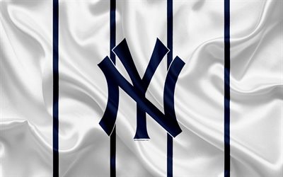 New York Yankees, 4k, logo, silk texture, american baseball club, white blue flag, emblem, MLB, New York, USA, Major League Baseball