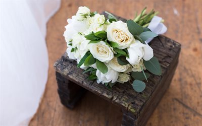 白バラの花, 結婚式の花束, 木箱, 白く美しい花, 結婚式の概念