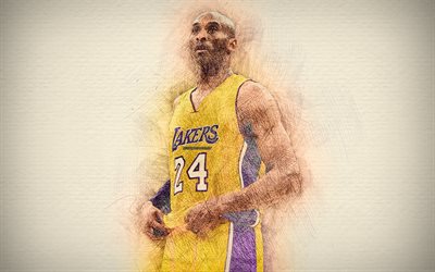 Kobe Bryant, 4k, des illustrations, des stars de basket-ball, Los Angeles Lakers, NBA, basket-ball, LA Lakers, dessin de Kobe Bryant, Kobe Bean Bryant