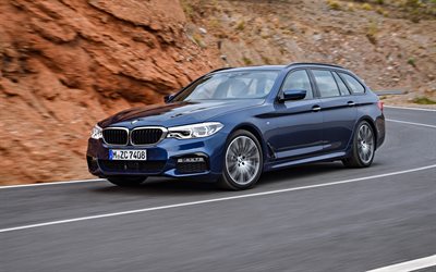 BMW 530d Touring, 2018, wagon, new blue BMW 5-Series Touring, exterior, front view, German cars, BMW