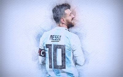 4k, Lionel Messi, 2018, kuvitus, jalkapallo t&#228;hte&#228;, Argentiinan Maajoukkueen, Messi, jalkapallo, jalkapalloilijat, piirustus Messi, Argentiinan jalkapallomaajoukkue, Leo Messi