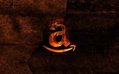 amazon fiery-logo, orange stein hintergrund -, amazon -, kreativ -, amazon-logo, marken, amazon