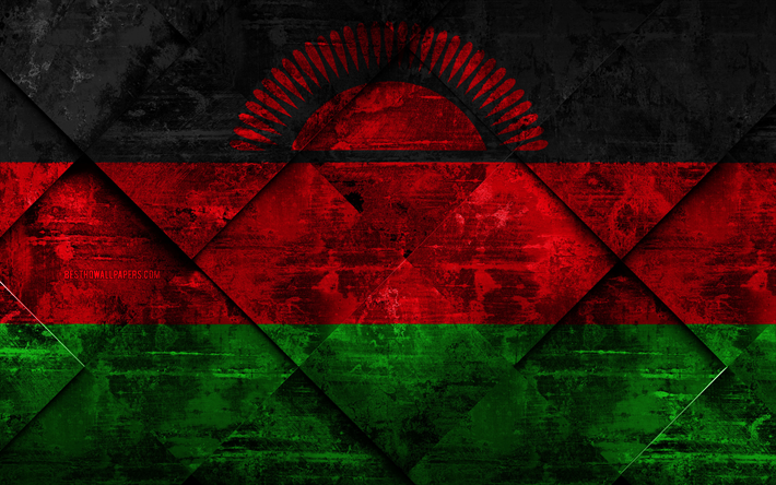 Malavi bayrağı, 4k, grunge sanat, rhombus grunge doku, Malavi bayrak, Afrika, Ulusal semboller, Malawi, yaratıcı sanat