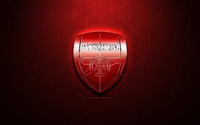 Arsenal FC, red metal bakgrund, Premier League, engelska football club, glitter logotyp, Arsenal logotyp, fotboll, Arsenal, England