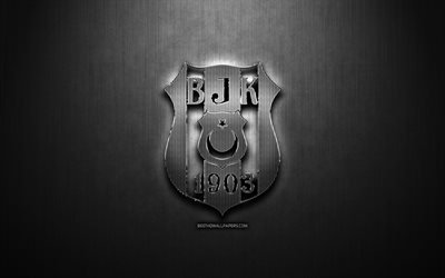 Besiktas FC, black metal background, Super Lig, turkish football club, Besiktas logo, football, soccer, Besiktas JK, BJK, Turkey