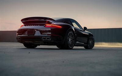 Porsche 911 Turbo S, 2019, black sports coupe, rear view, sports car, German cars, Porsche