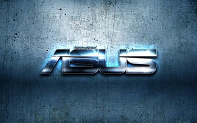 Asus logo en m&#233;tal, bleu m&#233;tal, fond, illustration, Asus, marques, Asus 3D logo, cr&#233;ation, logo Asus