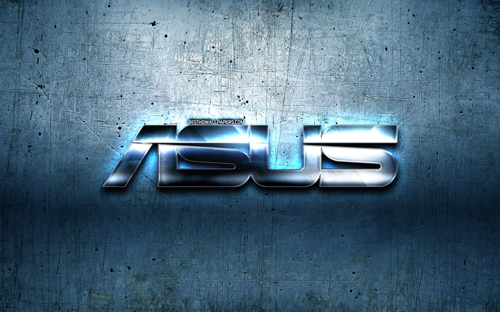 Asus logo in metallo, blu, metallo, sfondo, arte, Asus, marche, Asus 3D logo, creative, Asus logo
