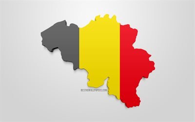 3d-flagg, karta silhuetten av Belgien, 3d-konst, Belgien flagga, Europa, Belgien, geografi, Belgien 3d siluett