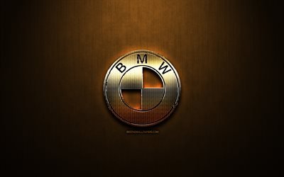 BMW glitter logo, marchi automobilistici, creativo, auto tedesche, bronzo, metallo, sfondo, logo BMW, marche, BMW