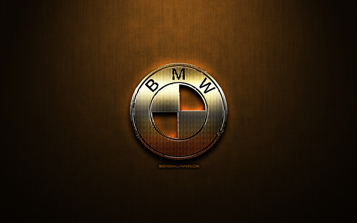 BMW glitter logo, automotive brands, creative, german cars, bronze metal background, BMW logo, brands, BMW