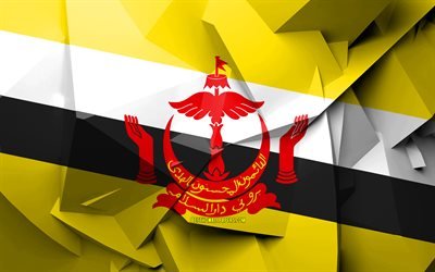 4k, Flag of Brunei, geometric art, Asian countries, Brunei flag, creative, Brunei, Asia, Brunei 3D flag, national symbols