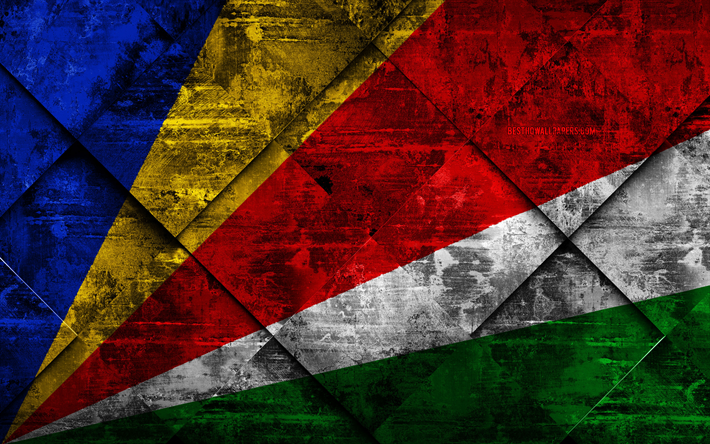 Seychellien lippu, 4k, grunge art, rhombus grunge tekstuuri, Afrikka, kansalliset symbolit, Seychellit, creative art