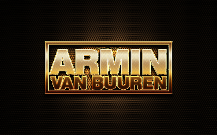 Armin van Buuren glitter logo, creative, metal grid background, Armin van Buuren logo, brands, Armin van Buuren