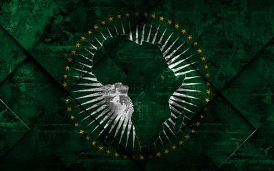 Lipun Afrikan Unionin, 4k, grunge art, rhombus grunge tekstuuri, Afrikan Unionin lippu, Afrikka, kansainv&#228;listen j&#228;rjest&#246;jen, Afrikan Unionin, creative art