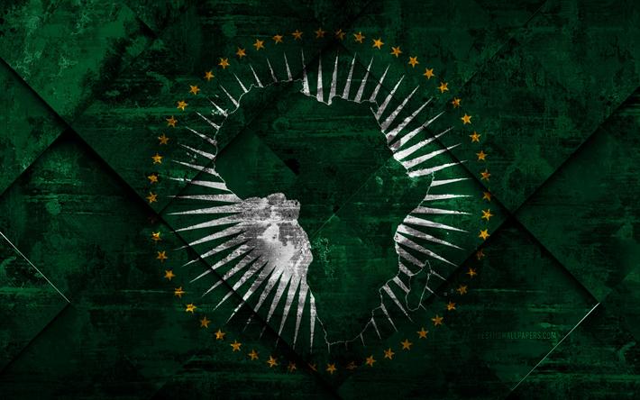 Lipun Afrikan Unionin, 4k, grunge art, rhombus grunge tekstuuri, Afrikan Unionin lippu, Afrikka, kansainv&#228;listen j&#228;rjest&#246;jen, Afrikan Unionin, creative art