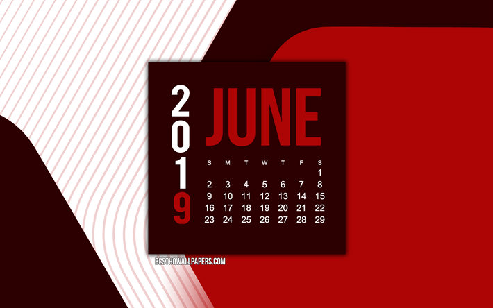 Juin 2019 Calendrier, rouge, abstrait, fond, conception de mat&#233;riel, 2019 calendriers, juin, art cr&#233;atif calendrier pour le mois de juin 2019, cr&#233;ative