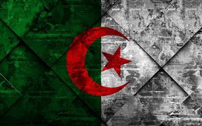 flagge von algerien, 4k, grunge, kunst, rhombus grunge-textur, algerien flagge, afrika, nationale symbole, algerien, kreative kunst