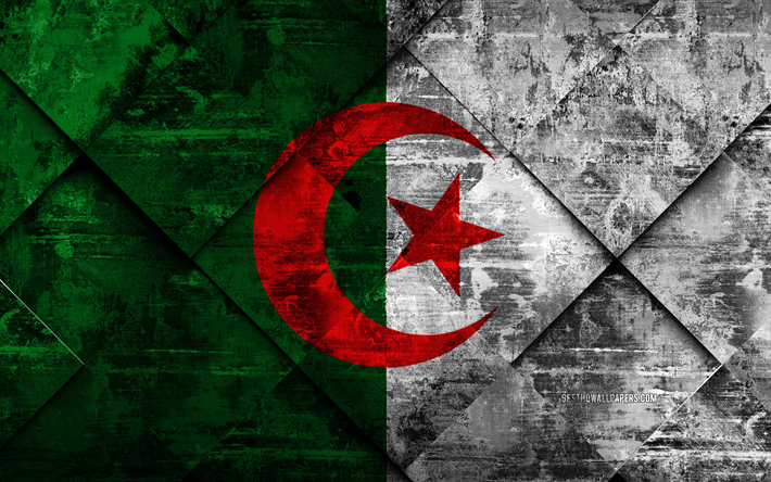 Cezayir bayrağı, 4k, grunge sanat, rhombus grunge doku, Cezayir bayrak, Afrika, Ulusal semboller, Cezayir, yaratıcı sanat