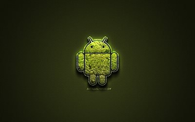 Android logosu, yeşil yaratıcı logo, &#231;i&#231;ek sanat logo, yeşil karbon fiber doku, Android, yaratıcı sanat, Android robot logosu