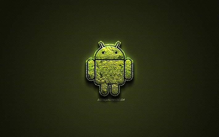 Android logosu, yeşil yaratıcı logo, &#231;i&#231;ek sanat logo, yeşil karbon fiber doku, Android, yaratıcı sanat, Android robot logosu