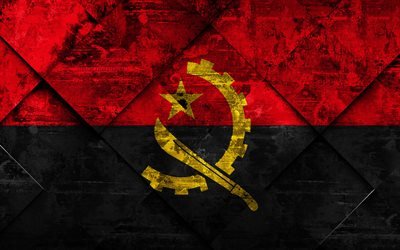 Angolan lippu, 4k, grunge art, rhombus grunge tekstuuri, Afrikka, kansalliset symbolit, Angola, creative art