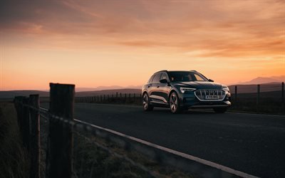 Audi E-tron, 2019, UK version, electric crossover, exterior, new blue E-tron, sunset, evening, German electric cars, Audi