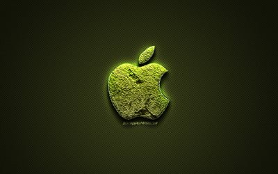 Apple emblem logo, floral green logo, Apple emblem, green carbon fiber texture, Apple creative art