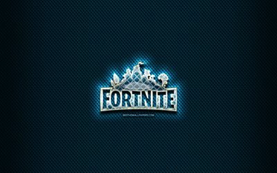 Fortnite glass logo, blue background, artwork, Fortnite, brands, Fortnite rhombic logo, creative, Fortnite logo