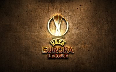 UEFA Avrupa Ligi altın logo, resim, futbol ligleri, kahverengi metal arka plan, yaratıcı, UEFA Avrupa Ligi logo, marka, UEFA Avrupa Ligi
