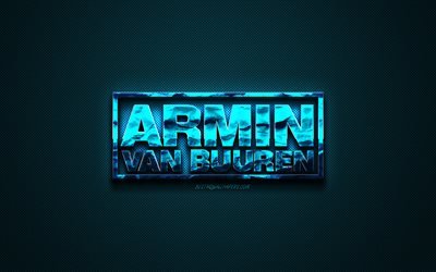 Armin van Buuren logotyp, bl&#229; kreativa logotyp, Holl&#228;ndska DJ, Armin van Buuren emblem, bl&#229; kolfiber konsistens, kreativ konst, Armin van Buuren