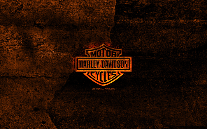 Harley-Davidson brinnande logotyp, orange sten bakgrund, Harley-Davidson, kreativa, Harley-Davidson logotyp, varum&#228;rken
