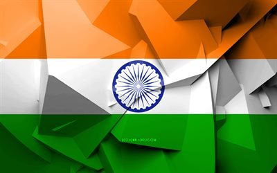 4k, Indiens flagga, geometriska art, Asiatiska l&#228;nder, Indiska flaggan, kreativa, Indien, Asien, Indien 3D-flagga, nationella symboler